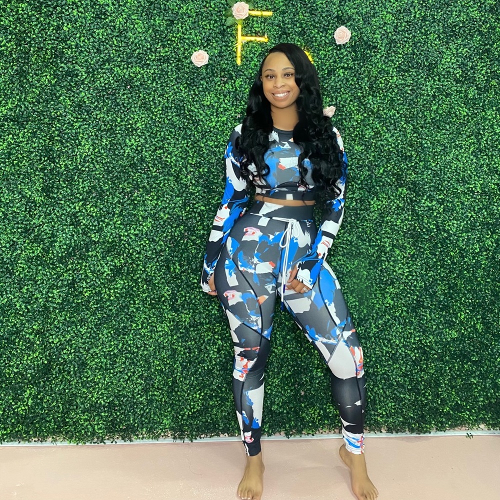 Two Piece Black and Blue Printed Sport Set